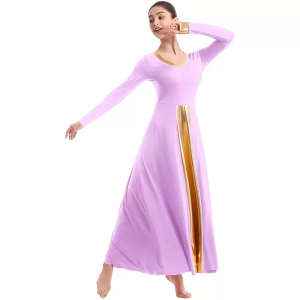 OwlFay Women Metallic VNeck Praise Dance Dresses Liturgical Loose Fit Full Length Color Block Gown Ballet Worship DancewearLight Purple