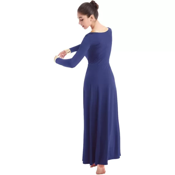 OwlFay Women Metallic VNeck Praise Dance Dresses Liturgical Loose Fit Full Length Color Block Gown Ballet Worship DancewearNavy Blue