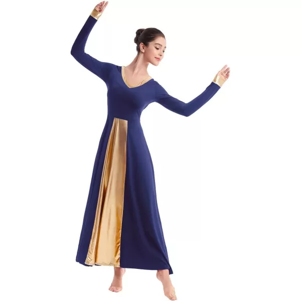 OwlFay Women Metallic VNeck Praise Dance Dresses Liturgical Loose Fit Full Length Color Block Gown Ballet Worship DancewearNavy Blue