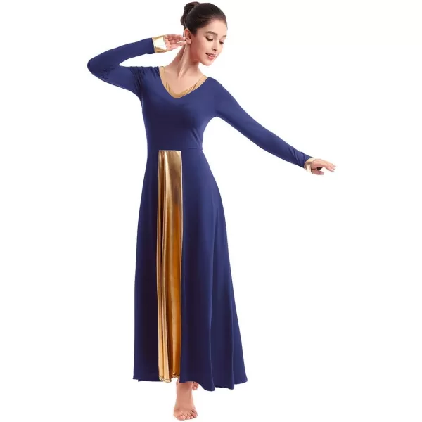 OwlFay Women Metallic VNeck Praise Dance Dresses Liturgical Loose Fit Full Length Color Block Gown Ballet Worship DancewearNavy Blue