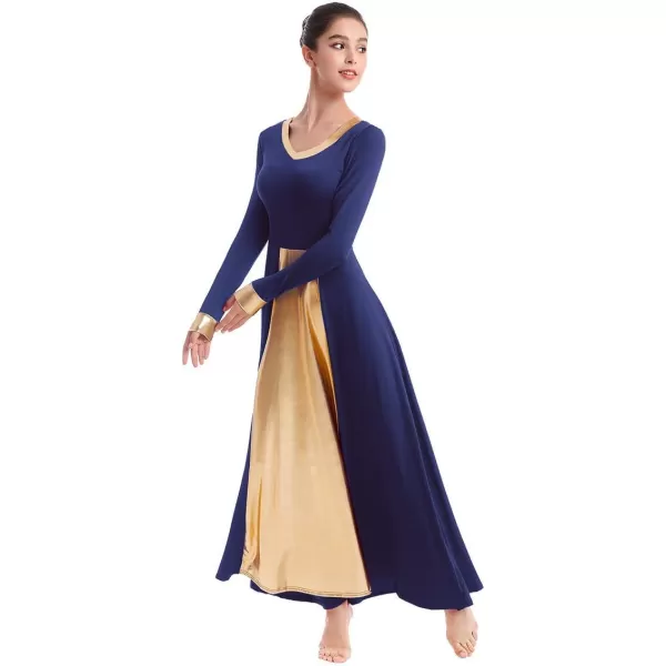 OwlFay Women Metallic VNeck Praise Dance Dresses Liturgical Loose Fit Full Length Color Block Gown Ballet Worship DancewearNavy Blue