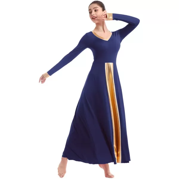 OwlFay Women Metallic VNeck Praise Dance Dresses Liturgical Loose Fit Full Length Color Block Gown Ballet Worship DancewearNavy Blue