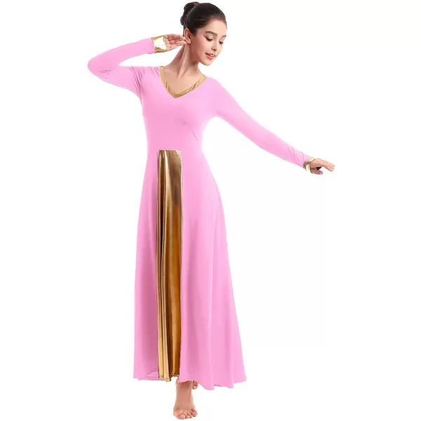 OwlFay Women Metallic VNeck Praise Dance Dresses Liturgical Loose Fit Full Length Color Block Gown Ballet Worship DancewearPink