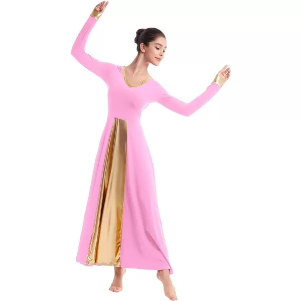 OwlFay Women Metallic VNeck Praise Dance Dresses Liturgical Loose Fit Full Length Color Block Gown Ballet Worship DancewearPink