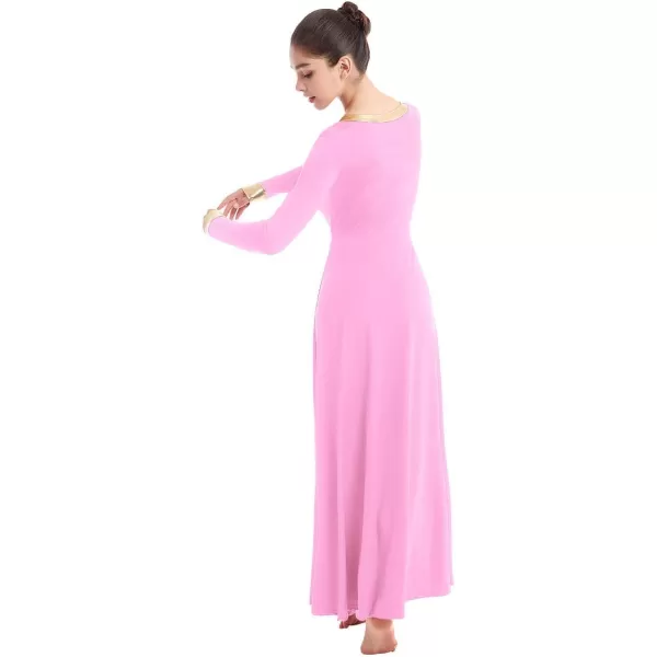 OwlFay Women Metallic VNeck Praise Dance Dresses Liturgical Loose Fit Full Length Color Block Gown Ballet Worship DancewearPink