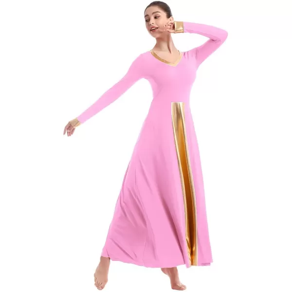 OwlFay Women Metallic VNeck Praise Dance Dresses Liturgical Loose Fit Full Length Color Block Gown Ballet Worship DancewearPink