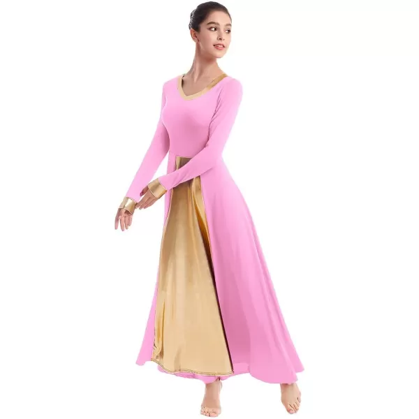 OwlFay Women Metallic VNeck Praise Dance Dresses Liturgical Loose Fit Full Length Color Block Gown Ballet Worship DancewearPink