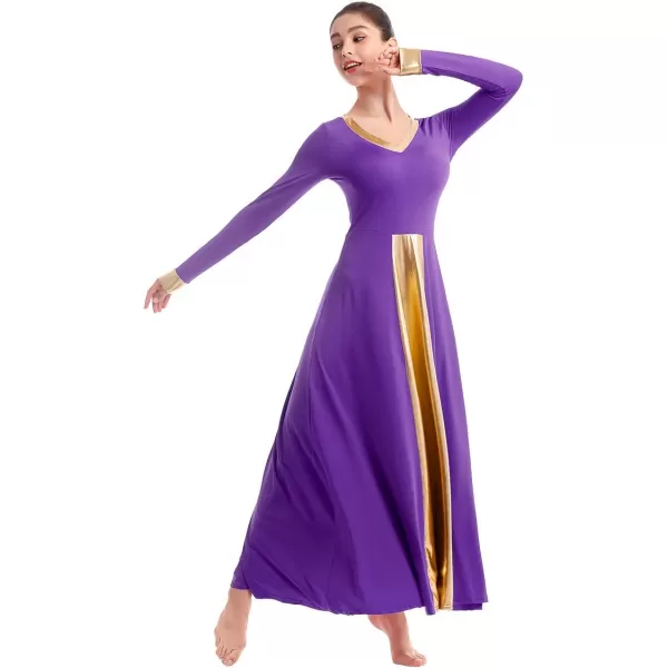 OwlFay Women Metallic VNeck Praise Dance Dresses Liturgical Loose Fit Full Length Color Block Gown Ballet Worship DancewearPurple