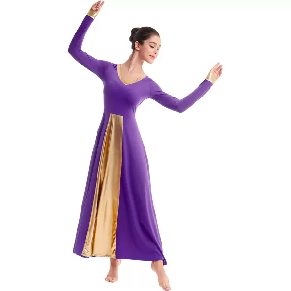 OwlFay Women Metallic VNeck Praise Dance Dresses Liturgical Loose Fit Full Length Color Block Gown Ballet Worship DancewearPurple