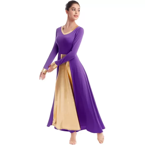 OwlFay Women Metallic VNeck Praise Dance Dresses Liturgical Loose Fit Full Length Color Block Gown Ballet Worship DancewearPurple