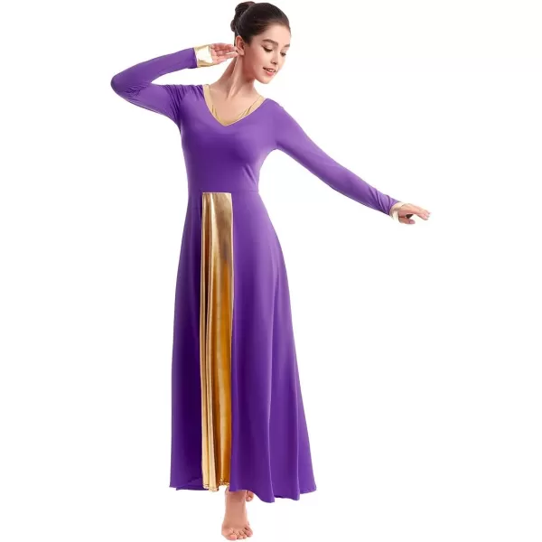 OwlFay Women Metallic VNeck Praise Dance Dresses Liturgical Loose Fit Full Length Color Block Gown Ballet Worship DancewearPurple