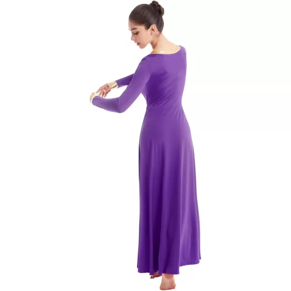 OwlFay Women Metallic VNeck Praise Dance Dresses Liturgical Loose Fit Full Length Color Block Gown Ballet Worship DancewearPurple