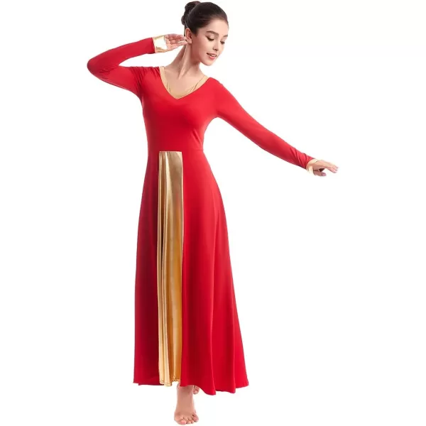 OwlFay Women Metallic VNeck Praise Dance Dresses Liturgical Loose Fit Full Length Color Block Gown Ballet Worship DancewearRed