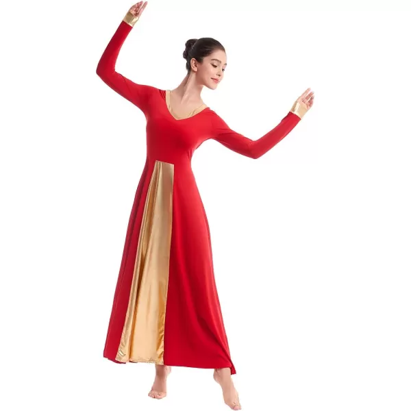 OwlFay Women Metallic VNeck Praise Dance Dresses Liturgical Loose Fit Full Length Color Block Gown Ballet Worship DancewearRed