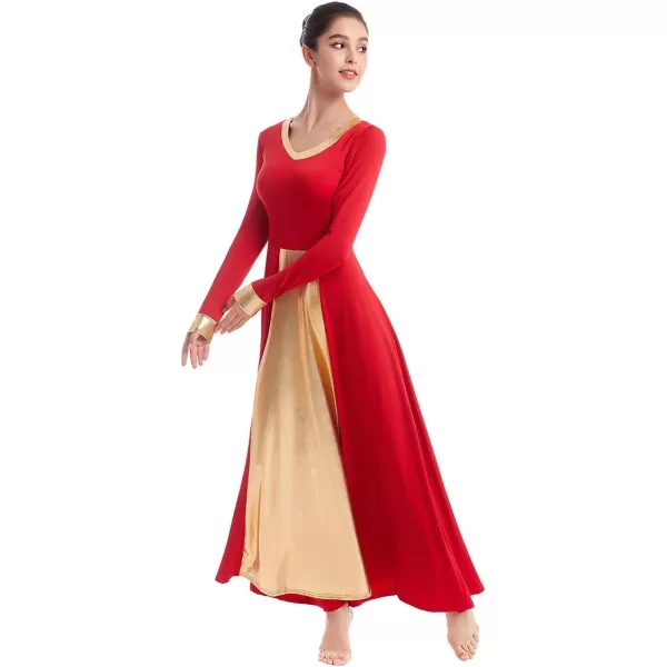 OwlFay Women Metallic VNeck Praise Dance Dresses Liturgical Loose Fit Full Length Color Block Gown Ballet Worship DancewearRed