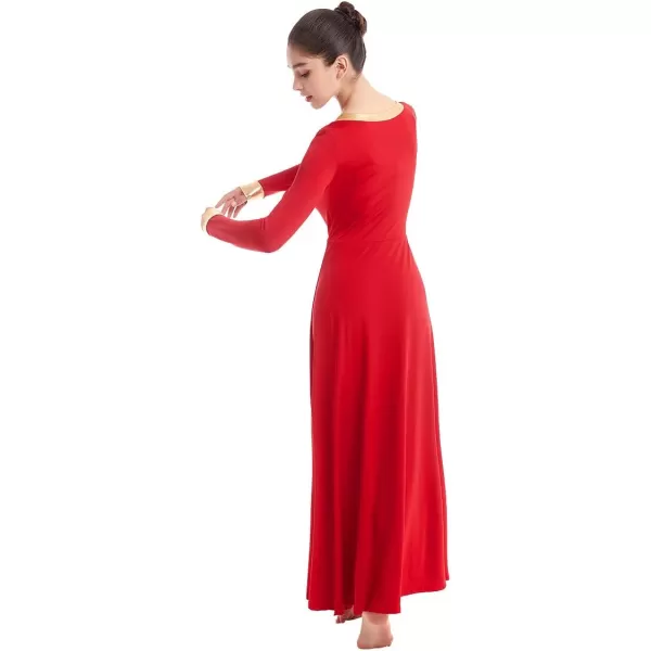 OwlFay Women Metallic VNeck Praise Dance Dresses Liturgical Loose Fit Full Length Color Block Gown Ballet Worship DancewearRed