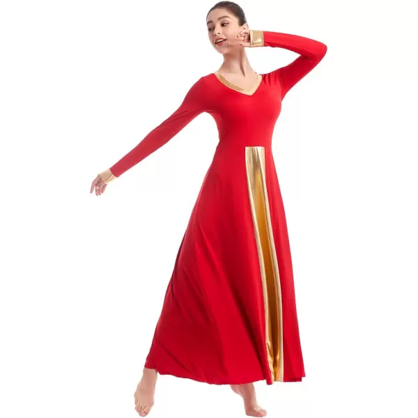 OwlFay Women Metallic VNeck Praise Dance Dresses Liturgical Loose Fit Full Length Color Block Gown Ballet Worship DancewearRed