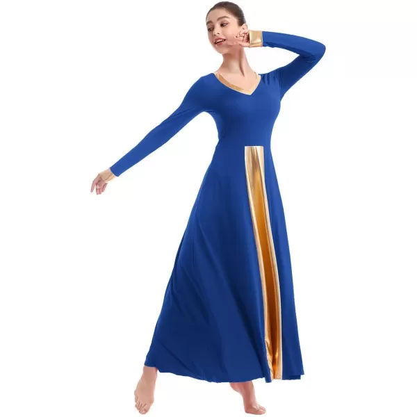 OwlFay Women Metallic VNeck Praise Dance Dresses Liturgical Loose Fit Full Length Color Block Gown Ballet Worship DancewearRoyal Blue