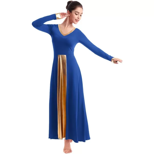 OwlFay Women Metallic VNeck Praise Dance Dresses Liturgical Loose Fit Full Length Color Block Gown Ballet Worship DancewearRoyal Blue