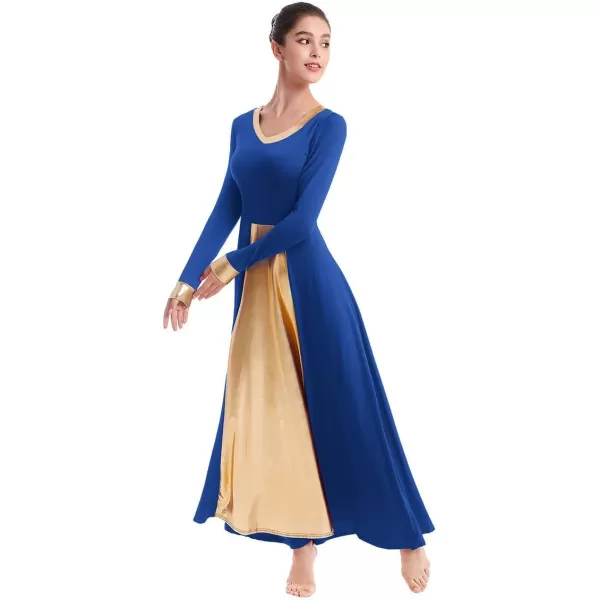 OwlFay Women Metallic VNeck Praise Dance Dresses Liturgical Loose Fit Full Length Color Block Gown Ballet Worship DancewearRoyal Blue