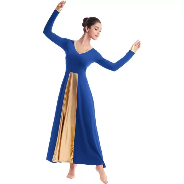 OwlFay Women Metallic VNeck Praise Dance Dresses Liturgical Loose Fit Full Length Color Block Gown Ballet Worship DancewearRoyal Blue