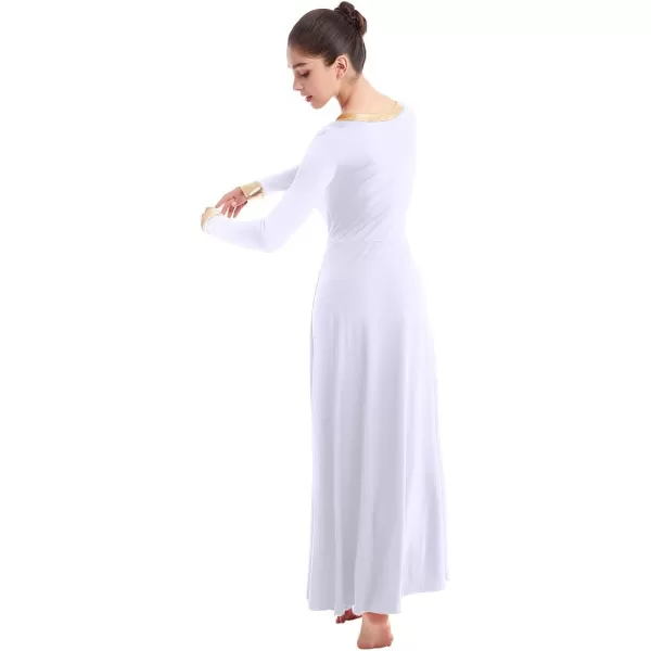 OwlFay Women Metallic VNeck Praise Dance Dresses Liturgical Loose Fit Full Length Color Block Gown Ballet Worship DancewearWhite