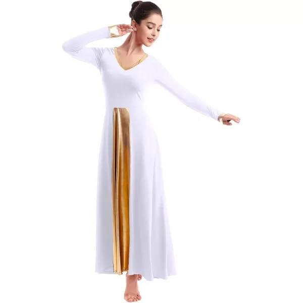 OwlFay Women Metallic VNeck Praise Dance Dresses Liturgical Loose Fit Full Length Color Block Gown Ballet Worship DancewearWhite