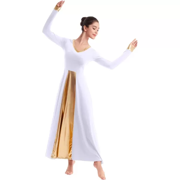 OwlFay Women Metallic VNeck Praise Dance Dresses Liturgical Loose Fit Full Length Color Block Gown Ballet Worship DancewearWhite