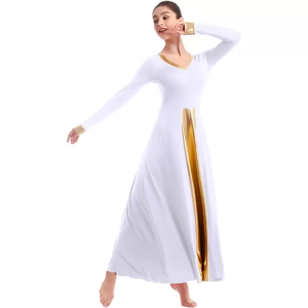 OwlFay Women Metallic VNeck Praise Dance Dresses Liturgical Loose Fit Full Length Color Block Gown Ballet Worship DancewearWhite