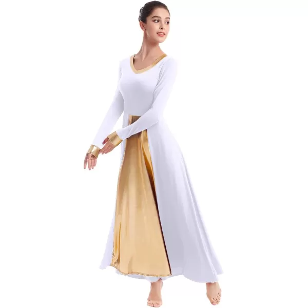 OwlFay Women Metallic VNeck Praise Dance Dresses Liturgical Loose Fit Full Length Color Block Gown Ballet Worship DancewearWhite