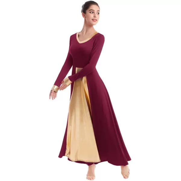 OwlFay Women Metallic VNeck Praise Dance Dresses Liturgical Loose Fit Full Length Color Block Gown Ballet Worship DancewearWine Red