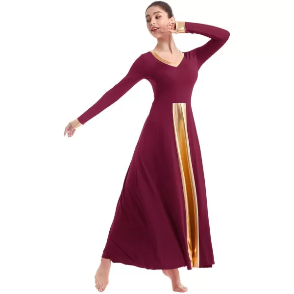 OwlFay Women Metallic VNeck Praise Dance Dresses Liturgical Loose Fit Full Length Color Block Gown Ballet Worship DancewearWine Red