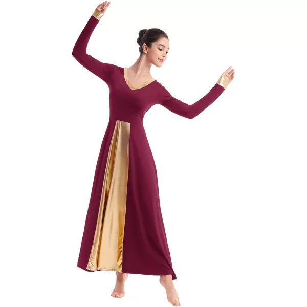 OwlFay Women Metallic VNeck Praise Dance Dresses Liturgical Loose Fit Full Length Color Block Gown Ballet Worship DancewearWine Red