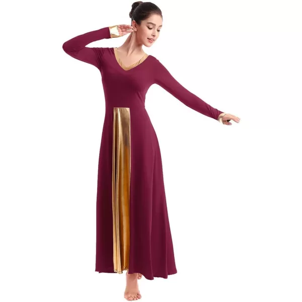 OwlFay Women Metallic VNeck Praise Dance Dresses Liturgical Loose Fit Full Length Color Block Gown Ballet Worship DancewearWine Red