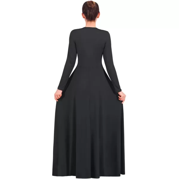 OwlFay Women Metallic VNeck Praise Loose Fit Full Length Long Sleeve Dance Dress Liturgical Church Dancewear Worship CostumeBlack