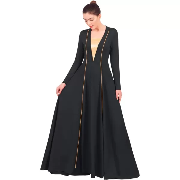 OwlFay Women Metallic VNeck Praise Loose Fit Full Length Long Sleeve Dance Dress Liturgical Church Dancewear Worship CostumeBlack