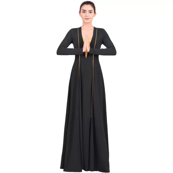 OwlFay Women Metallic VNeck Praise Loose Fit Full Length Long Sleeve Dance Dress Liturgical Church Dancewear Worship CostumeBlack