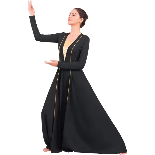 OwlFay Women Metallic VNeck Praise Loose Fit Full Length Long Sleeve Dance Dress Liturgical Church Dancewear Worship CostumeBlack