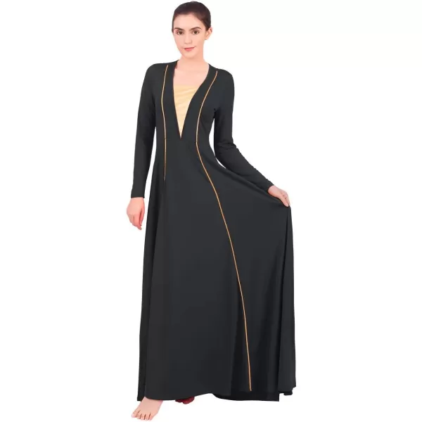 OwlFay Women Metallic VNeck Praise Loose Fit Full Length Long Sleeve Dance Dress Liturgical Church Dancewear Worship CostumeBlack