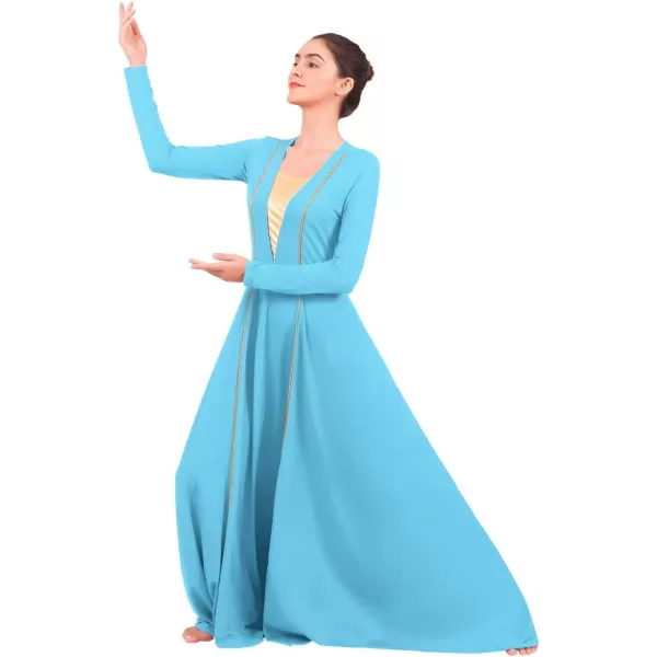 OwlFay Women Metallic VNeck Praise Loose Fit Full Length Long Sleeve Dance Dress Liturgical Church Dancewear Worship CostumeBlue