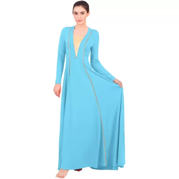 OwlFay Women Metallic VNeck Praise Loose Fit Full Length Long Sleeve Dance Dress Liturgical Church Dancewear Worship CostumeBlue