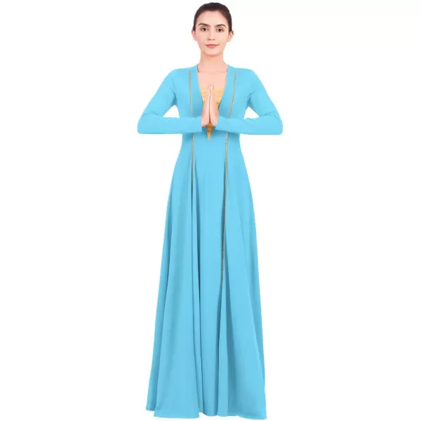 OwlFay Women Metallic VNeck Praise Loose Fit Full Length Long Sleeve Dance Dress Liturgical Church Dancewear Worship CostumeBlue