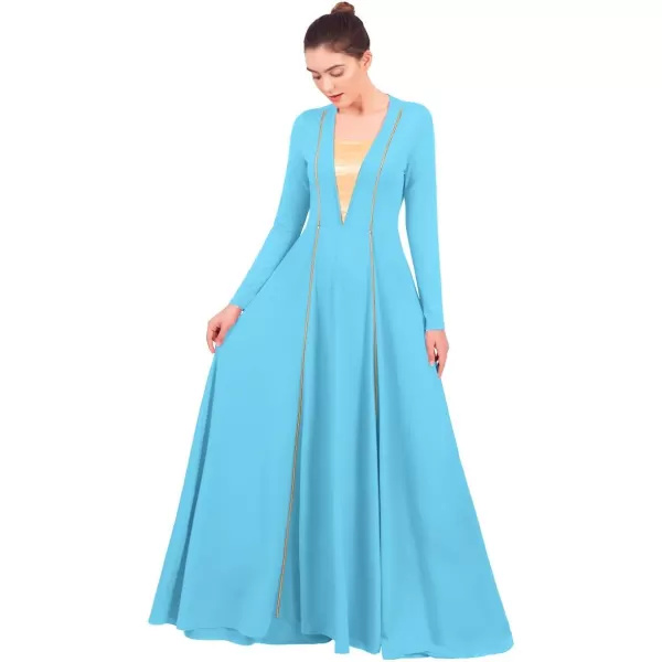 OwlFay Women Metallic VNeck Praise Loose Fit Full Length Long Sleeve Dance Dress Liturgical Church Dancewear Worship CostumeBlue