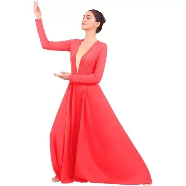 OwlFay Women Metallic VNeck Praise Loose Fit Full Length Long Sleeve Dance Dress Liturgical Church Dancewear Worship CostumeFluorescent Orange