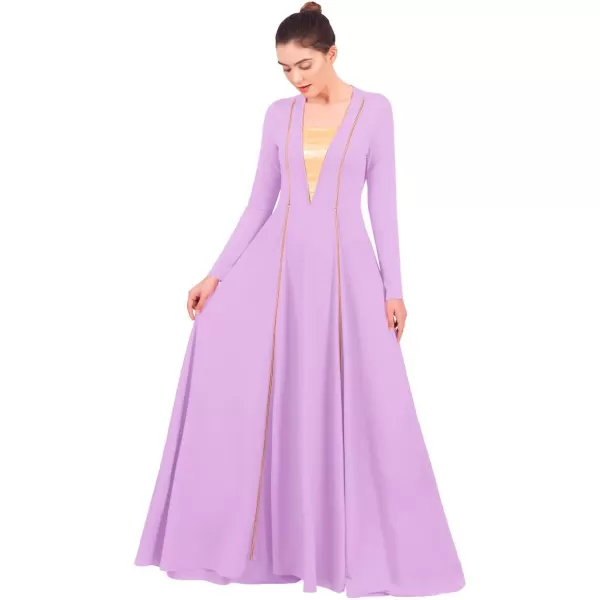 OwlFay Women Metallic VNeck Praise Loose Fit Full Length Long Sleeve Dance Dress Liturgical Church Dancewear Worship CostumeLight Purple