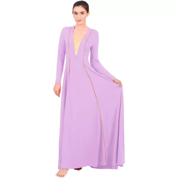 OwlFay Women Metallic VNeck Praise Loose Fit Full Length Long Sleeve Dance Dress Liturgical Church Dancewear Worship CostumeLight Purple