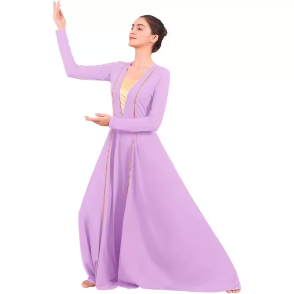 OwlFay Women Metallic VNeck Praise Loose Fit Full Length Long Sleeve Dance Dress Liturgical Church Dancewear Worship CostumeLight Purple