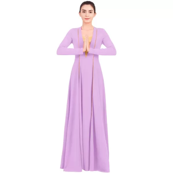 OwlFay Women Metallic VNeck Praise Loose Fit Full Length Long Sleeve Dance Dress Liturgical Church Dancewear Worship CostumeLight Purple