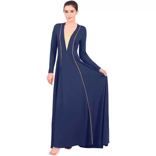 OwlFay Women Metallic VNeck Praise Loose Fit Full Length Long Sleeve Dance Dress Liturgical Church Dancewear Worship CostumeNavy Blue