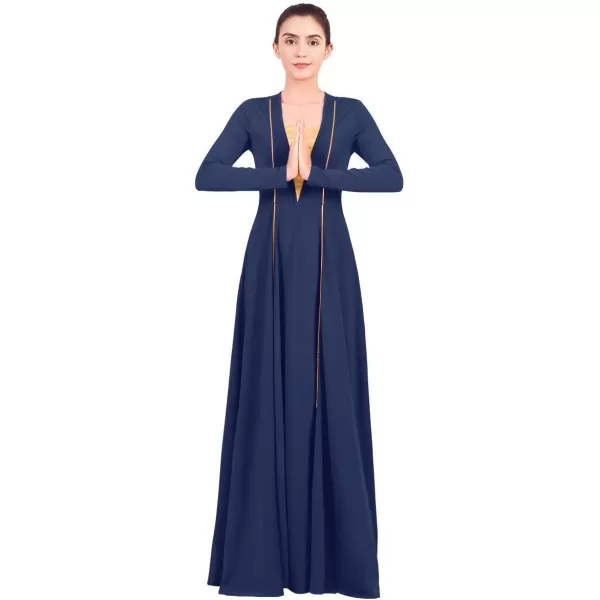 OwlFay Women Metallic VNeck Praise Loose Fit Full Length Long Sleeve Dance Dress Liturgical Church Dancewear Worship CostumeNavy Blue